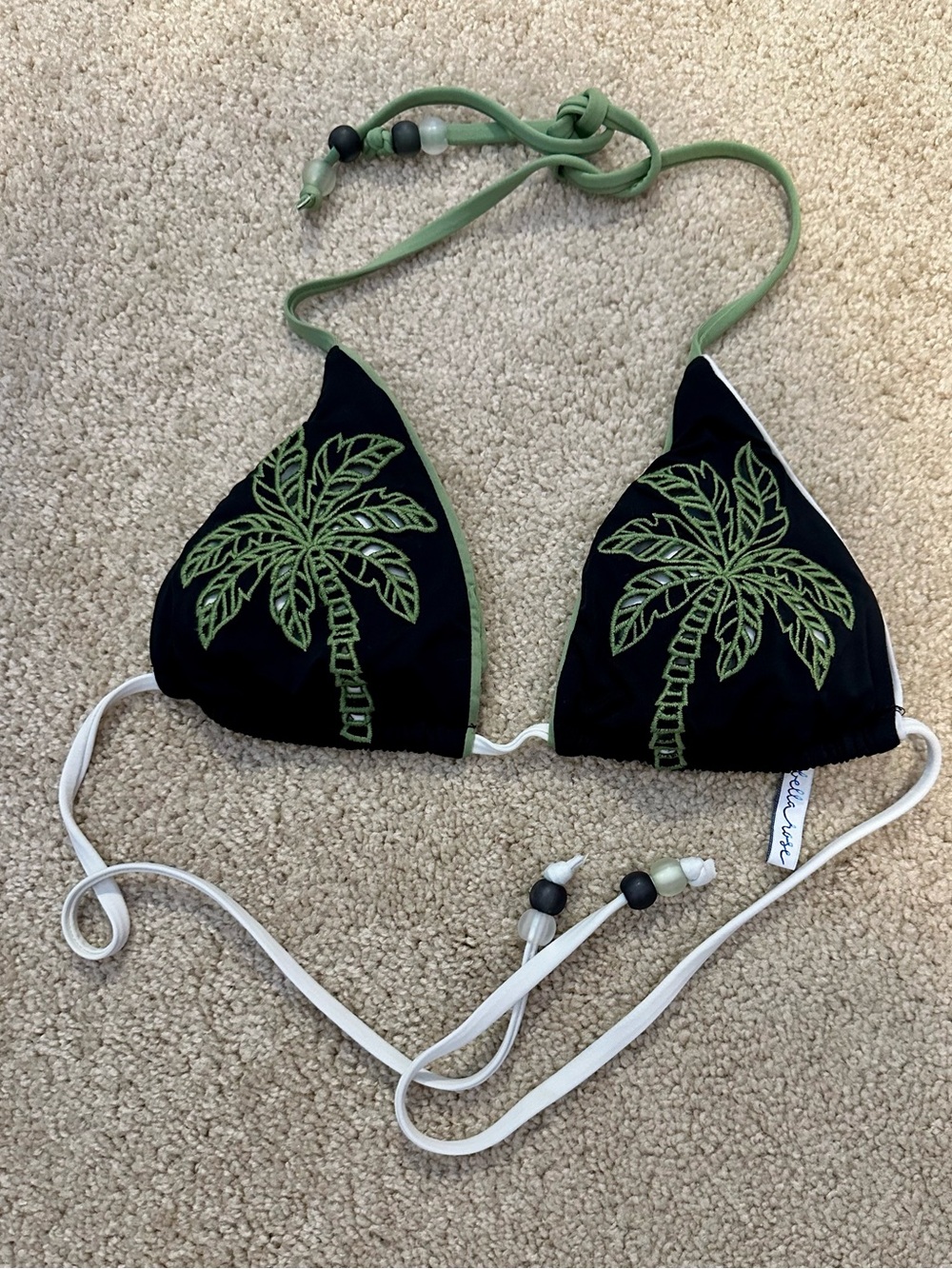 Black Palm Embroidered Triangle Bikini Top - Green Palm Detail
